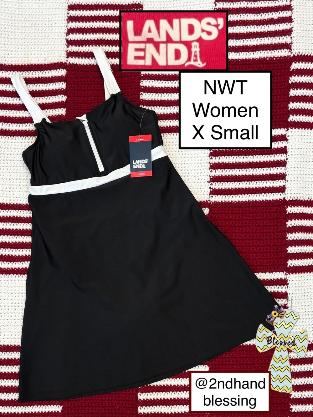 NWT Lands' End Women Zipper Front Swim Dress, Sz XS, Black with White Trim - Picture 1 of 16